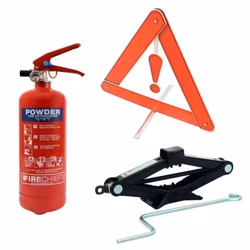 Pack de sécurité voiture; Extincteur ABC 1Kg/Cric 2T/Triangle Pré-signalisation