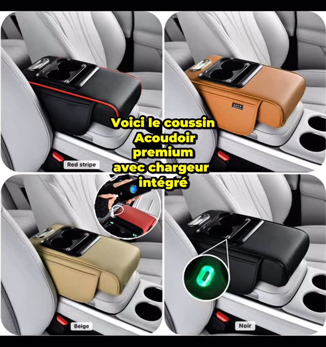 Coussin d’accoudoir Similicuir avec support verre double + 2 port USB + LED ambiance